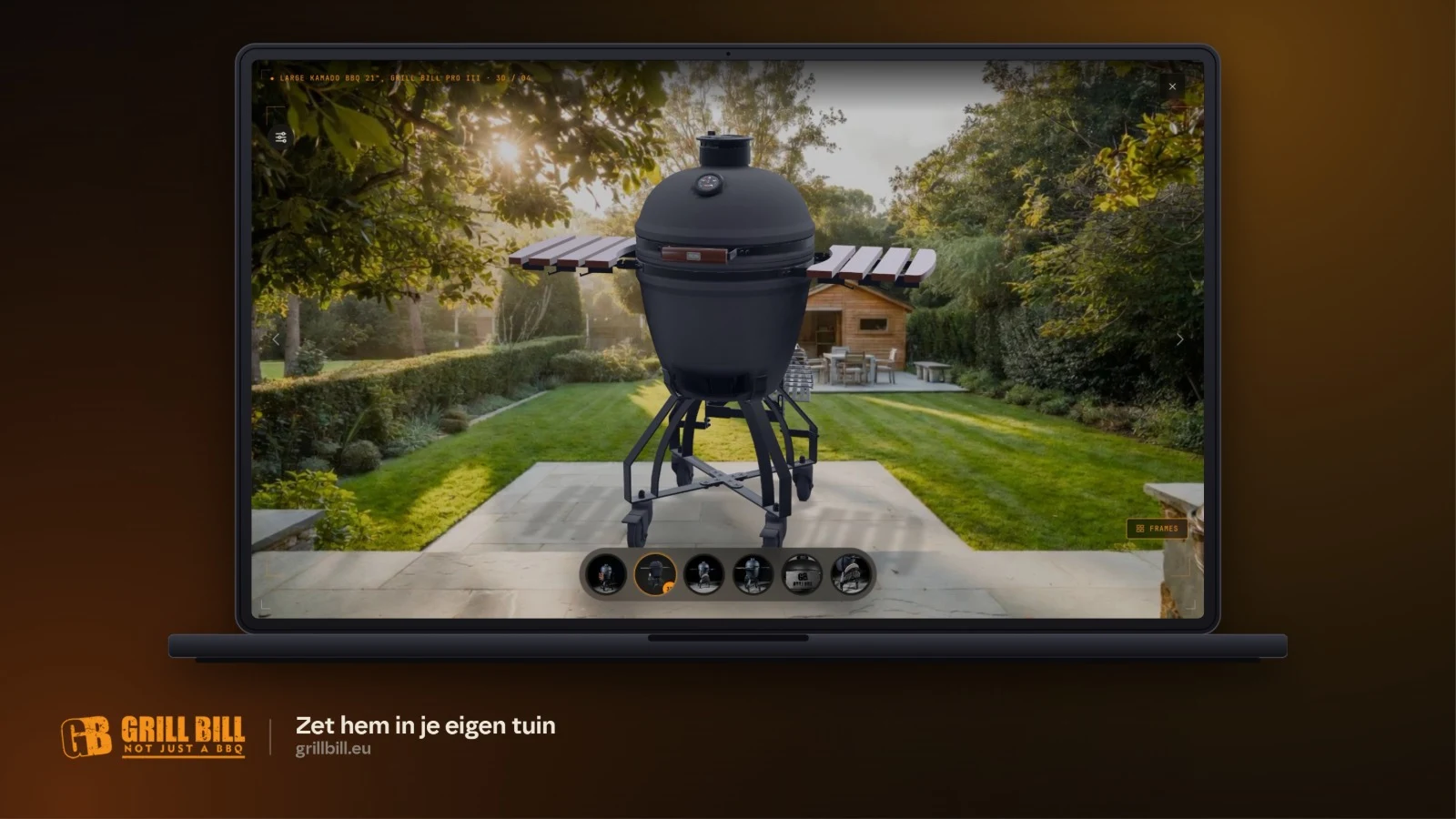Grill Bill Pro III Large in the 3D viewer on grillbill.eu, placed in a garden