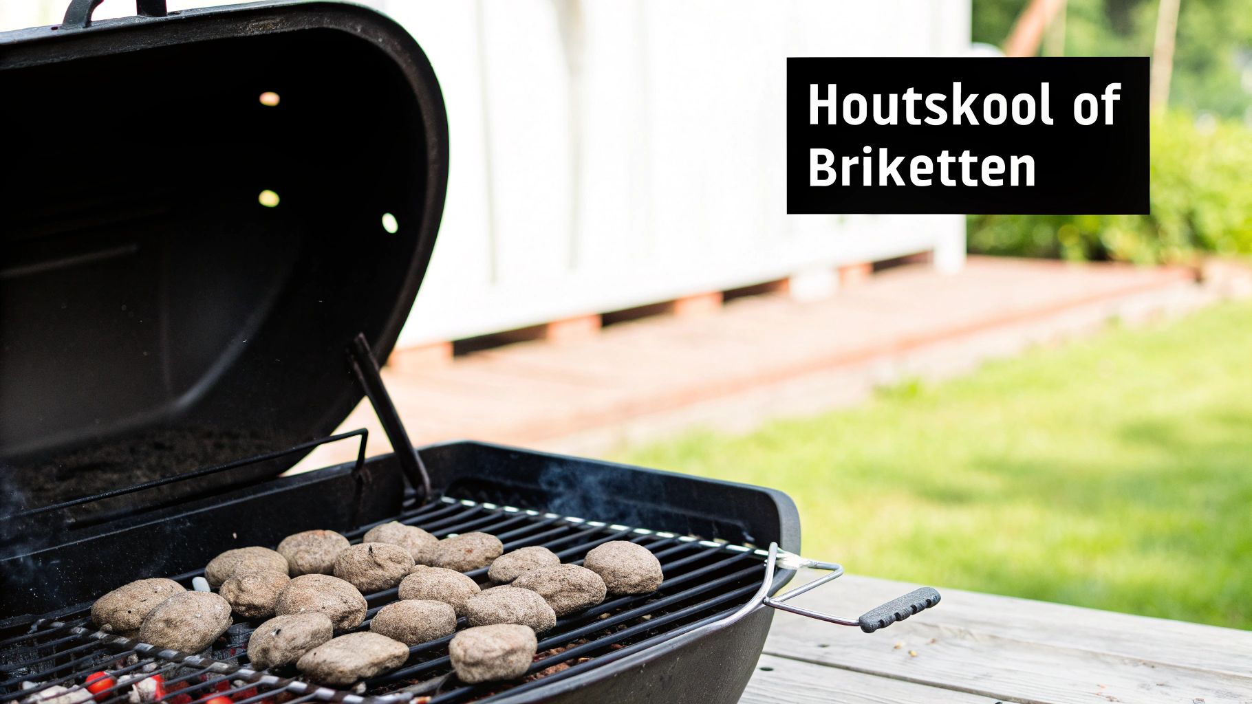 Een brandende barbecue met zowel houtskool als briketten zichtbaar