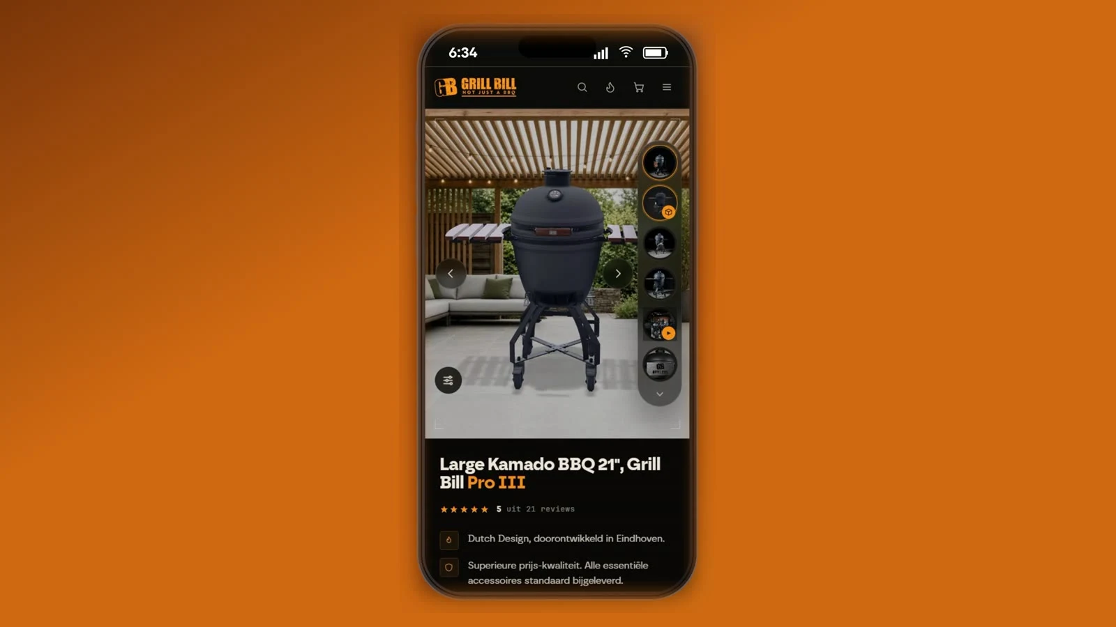 3D viewer of the Grill Bill Pro III on a phone, under a covered patio